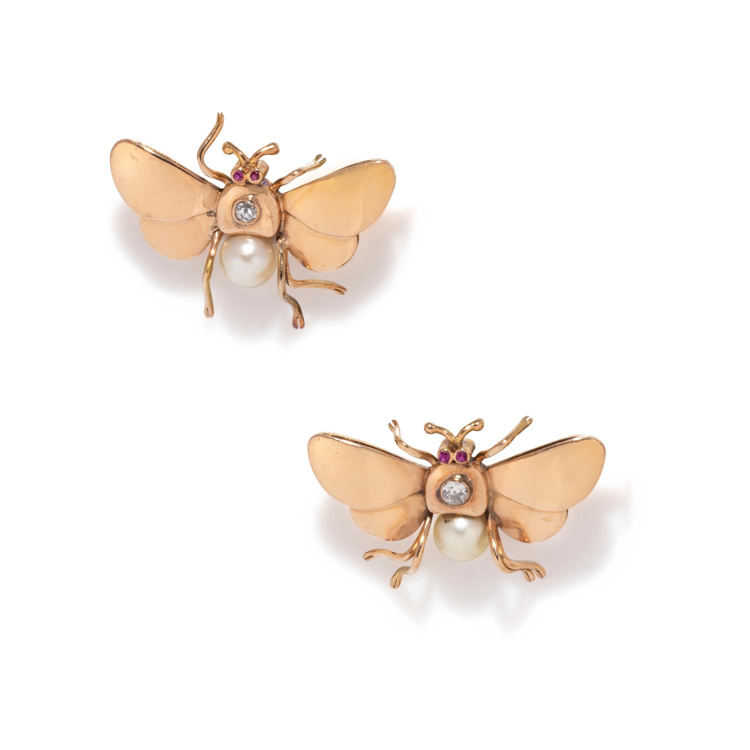 RETRO ROSE GOLD, PEARL AND DIAMOND INSECT BROOCHES