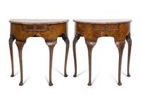 A Pair of Georgian Style Burl Walnut Demilune Console Tables