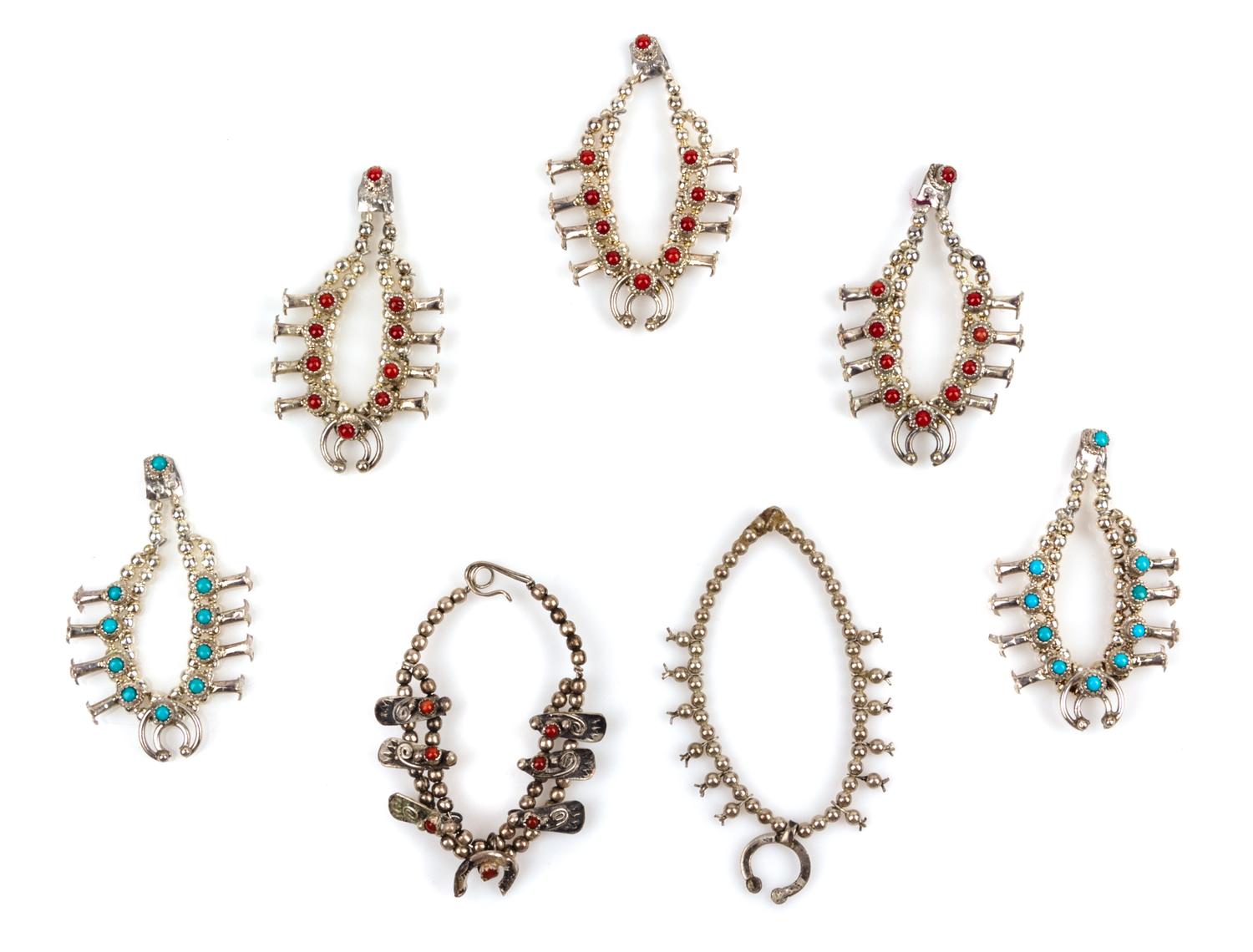 Seven Native American Silver Squash Blossom Necklaces Length of longest 2 1/4 inches. — Various Makers
