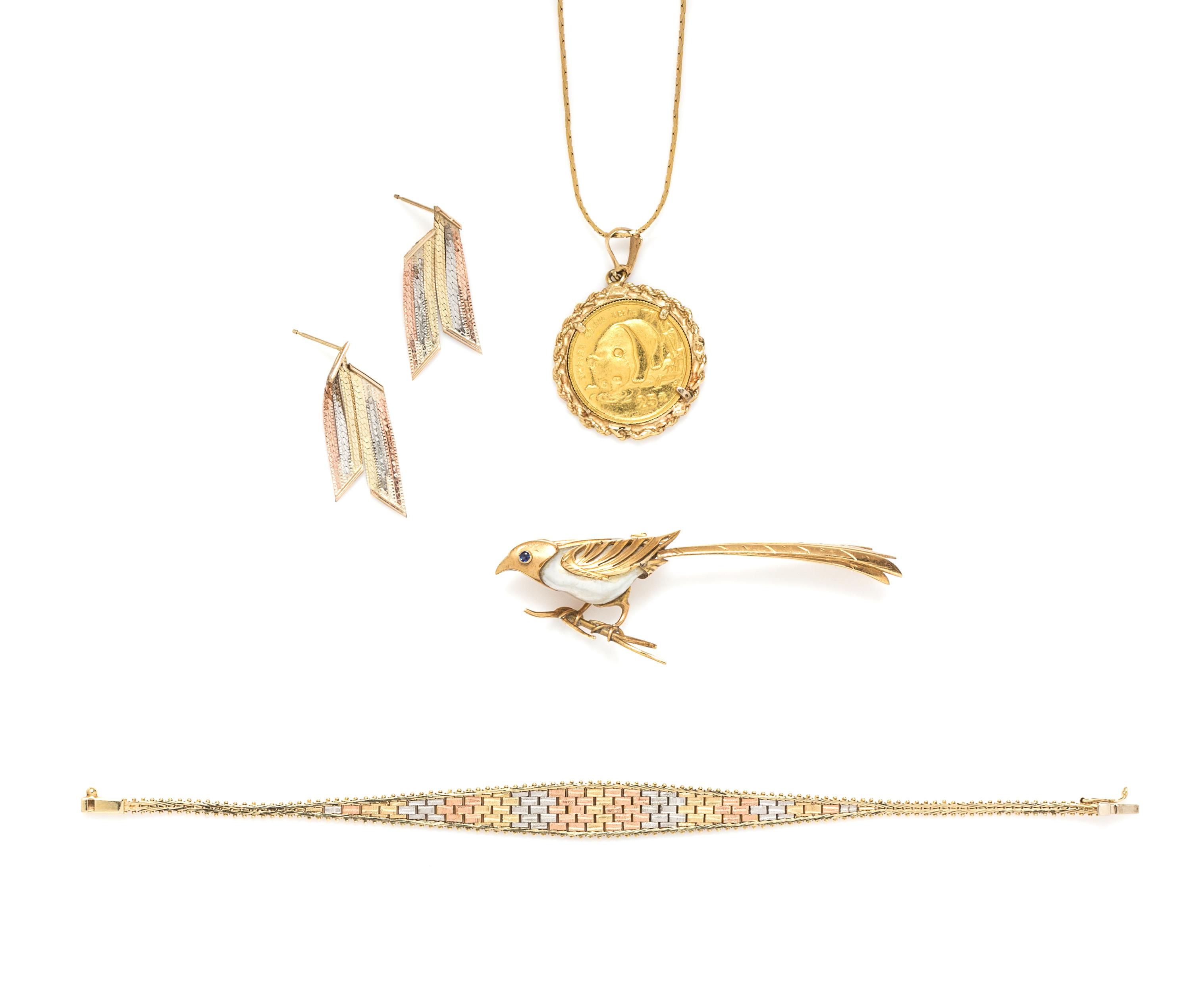 A Collection of Yellow Gold and Tri Colored Gold Jewelry, 24.30 dwts.
