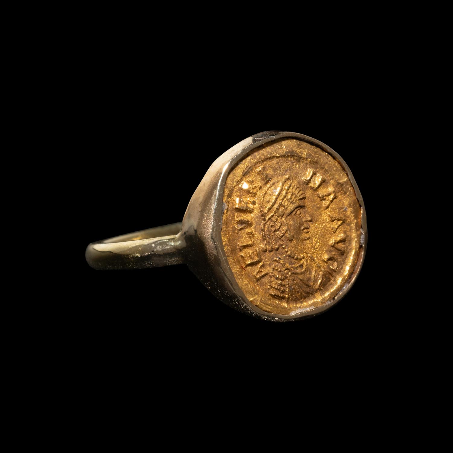 A Byzantine Gold Tremissis of the Empress Aelia Verina — Set in a gold ring