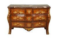 A Louis XV Gilt Bronze Mounted Kingwood and Tulipwood Marble Top Bombé Commode