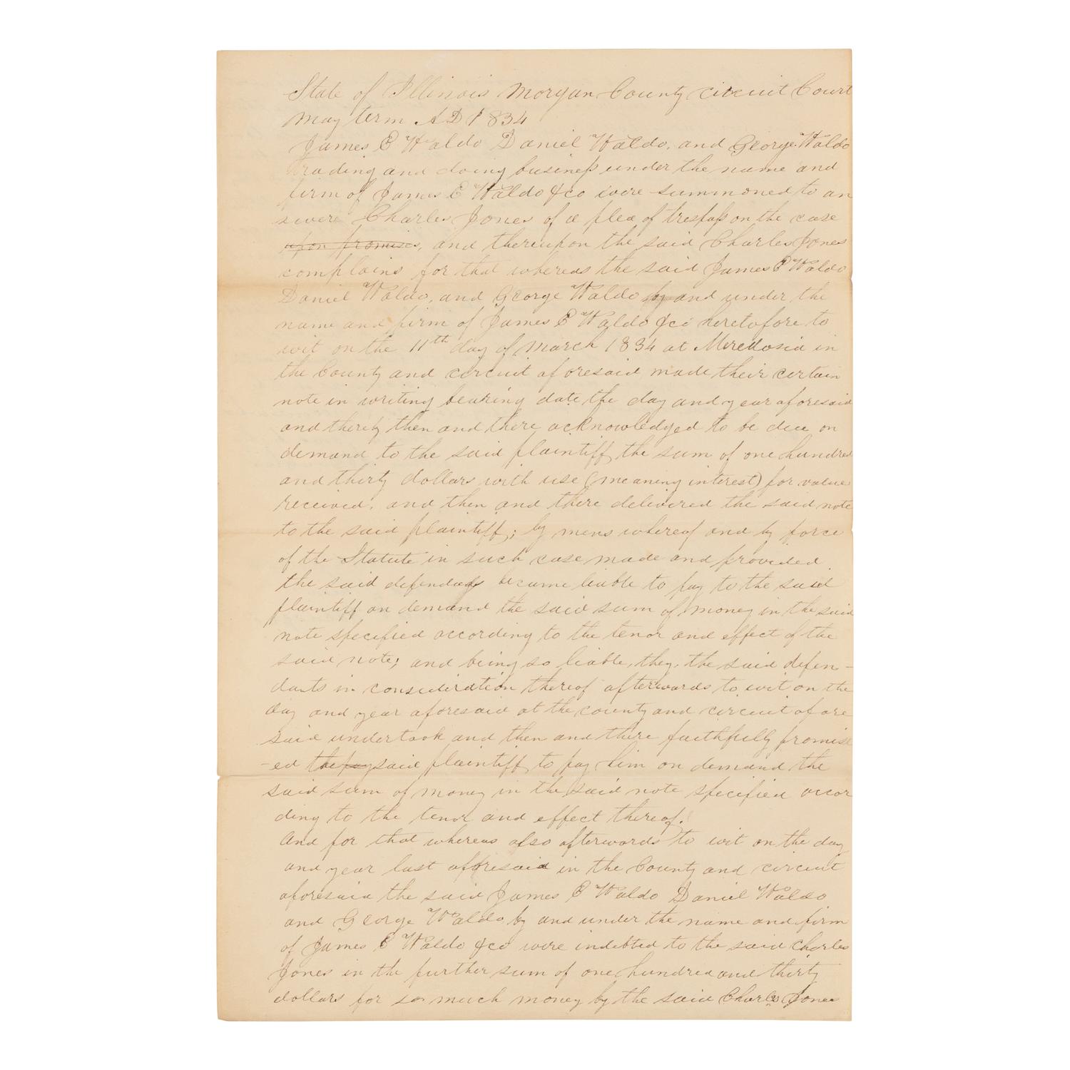 DOUGLAS, Stephen Arnold (1813-1861). A group of 14 documents and letters relating to Douglas's legal and political career, ca 1834-1857, comprising: