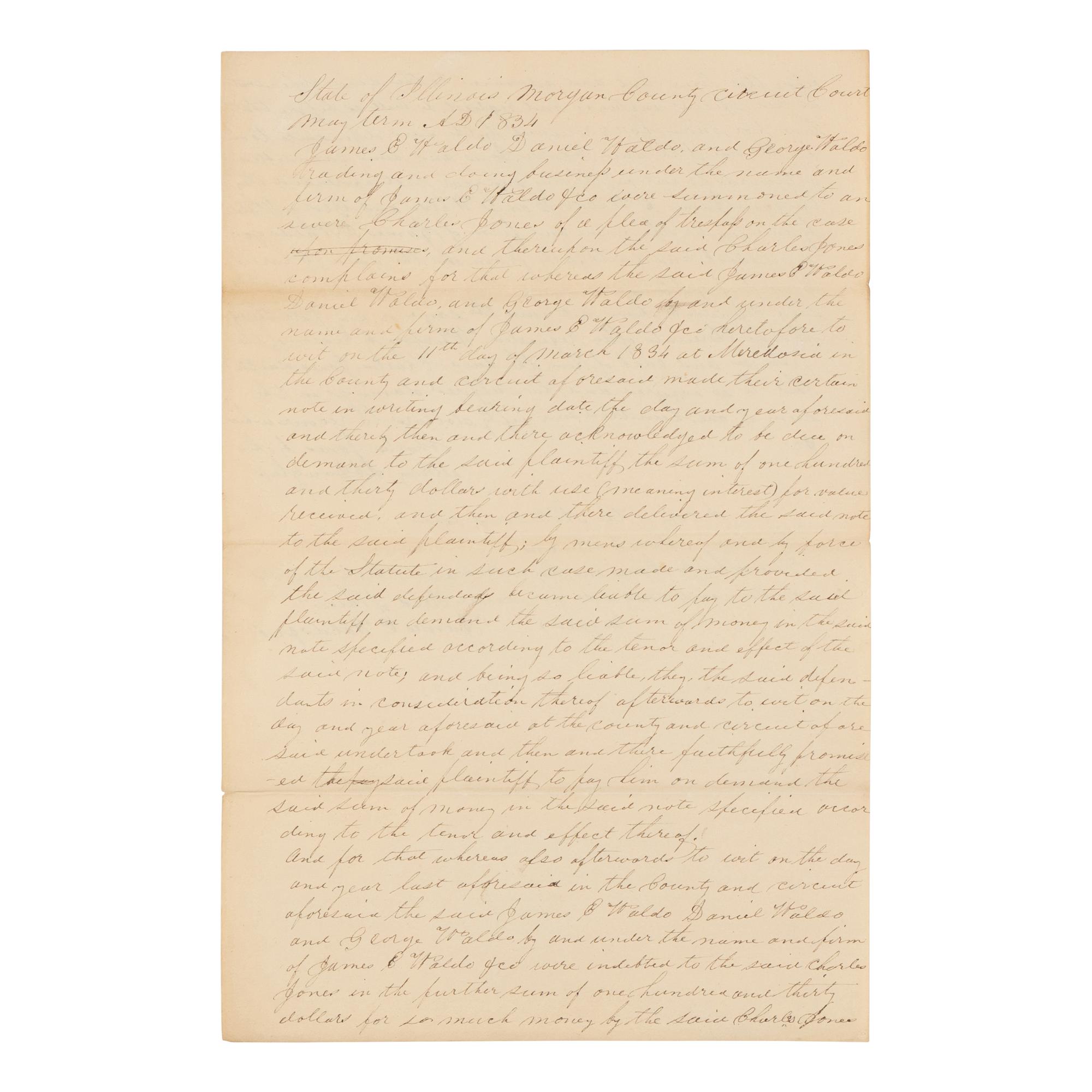 DOUGLAS, Stephen Arnold (1813-1861). A group of 14 documents and letters relating to Douglas's legal and political career, ca 1834-1857, comprising: