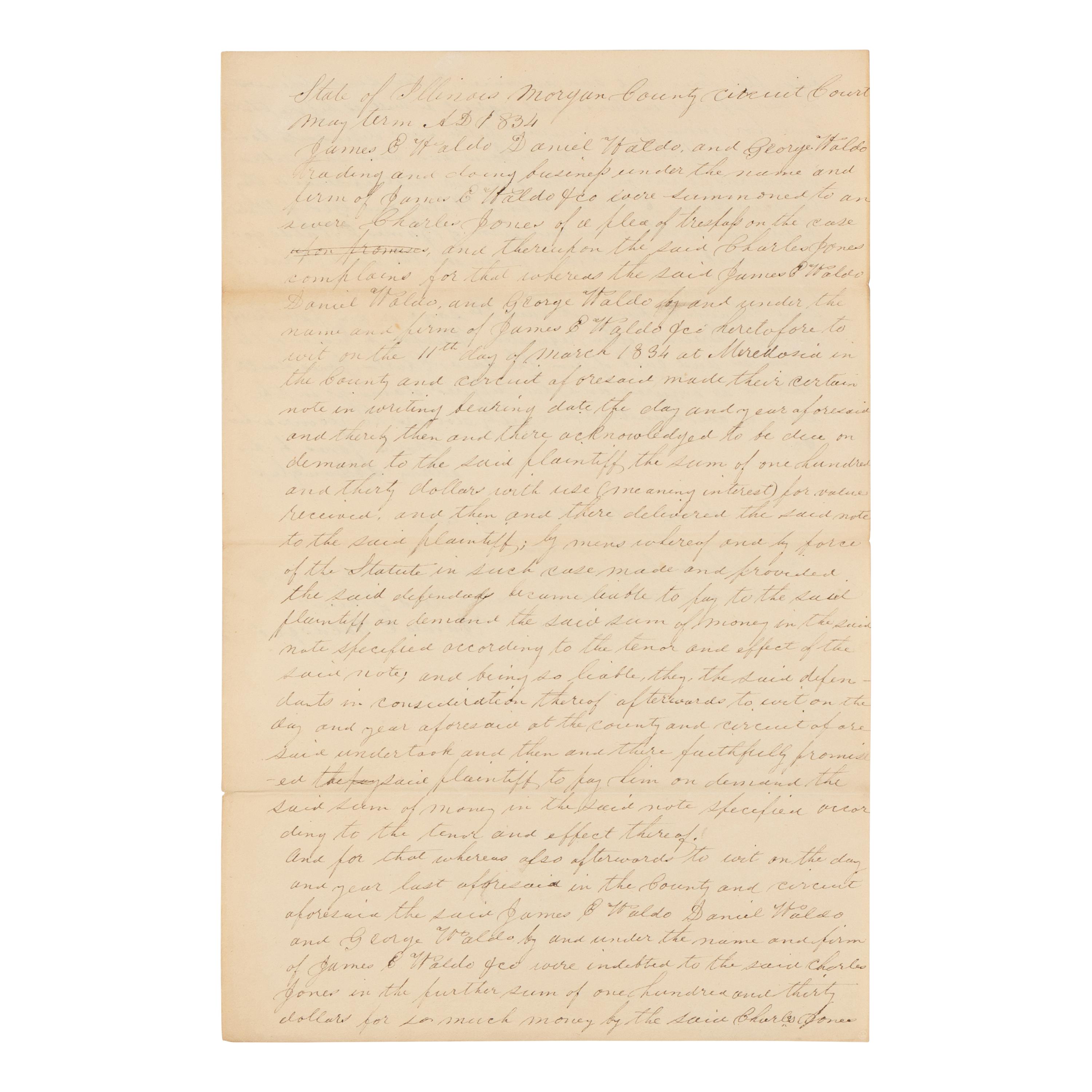 DOUGLAS, Stephen Arnold (1813-1861). A group of 14 documents and letters relating to Douglas's legal and political career, ca 1834-1857, comprising: