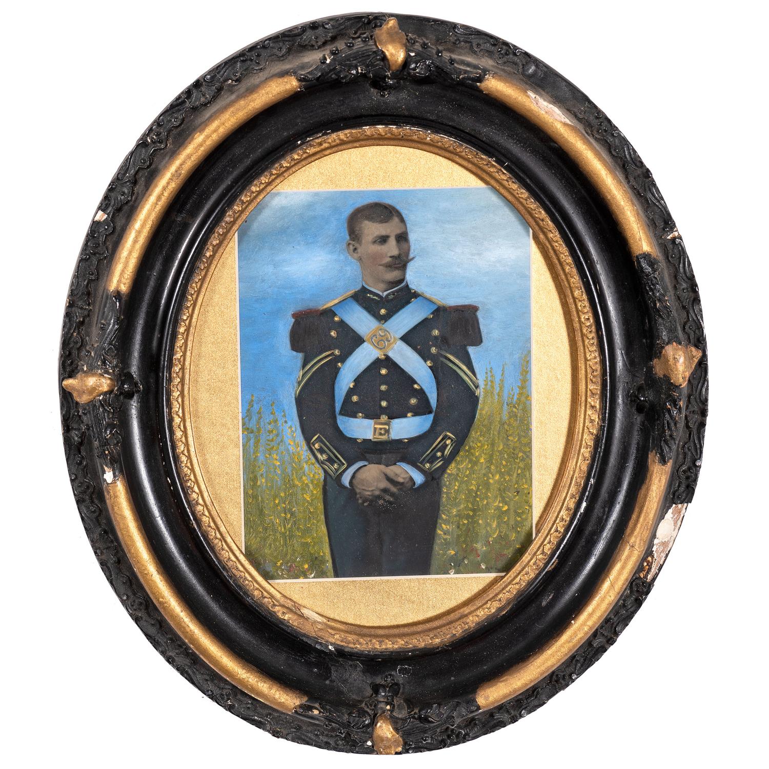 [EARLY PHOTOGRAPHY - PORTRAITURE]. A group of 6 folk art hand-painted tintypes of soldiers in uniform, comprising: