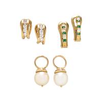 COLLECTION OF YELLOW GOLD DIAMOND, CULTURED PEARL, AND EMERALD CONVERTIBLE CLIP EARRINGS