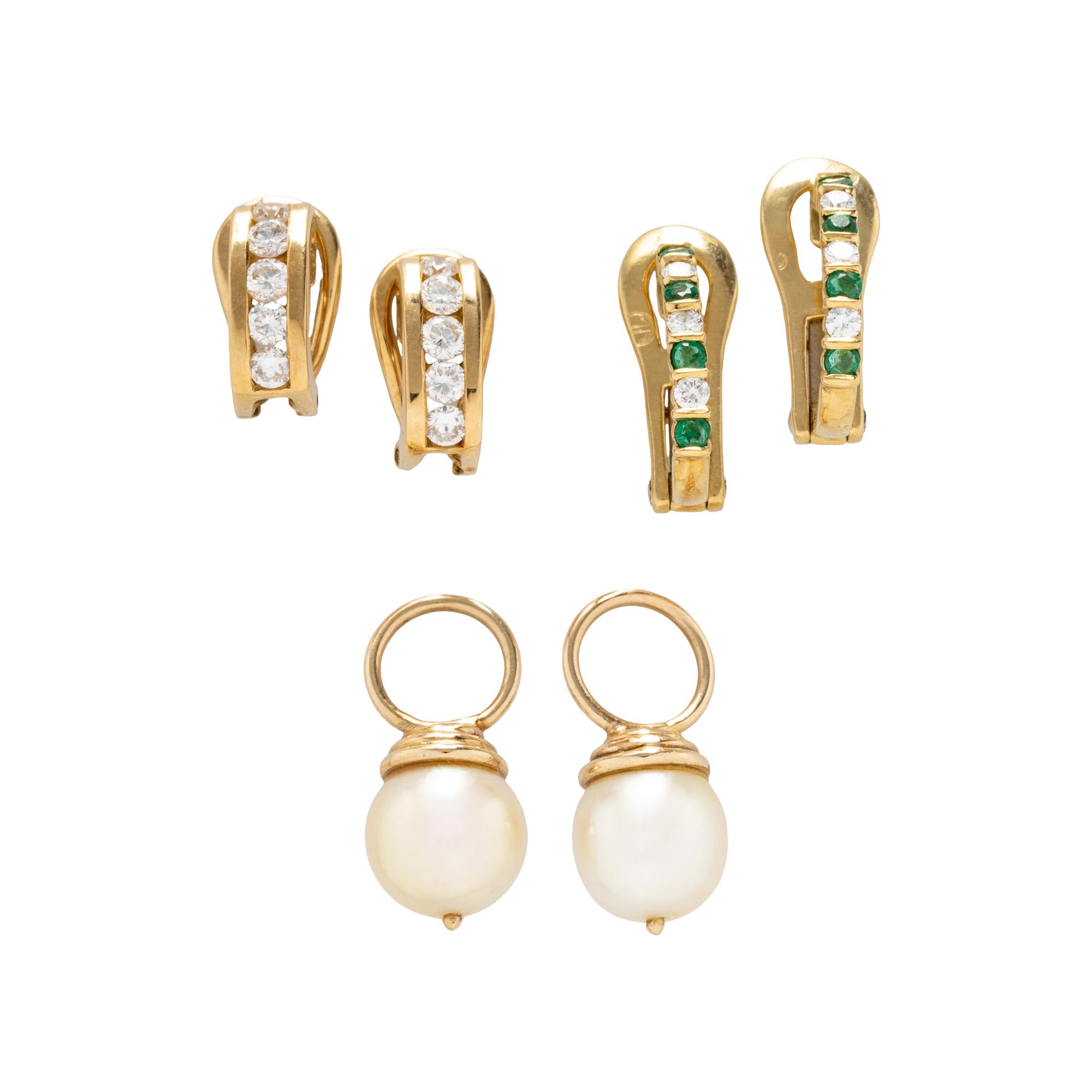 COLLECTION OF YELLOW GOLD DIAMOND, CULTURED PEARL, AND EMERALD CONVERTIBLE CLIP EARRINGS