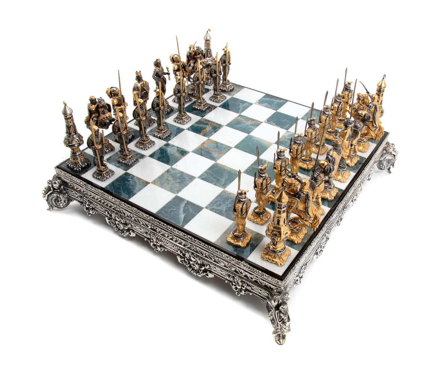 A Giuseppe Vasari Gilt and Silvered Bronze Medieval Chess Set