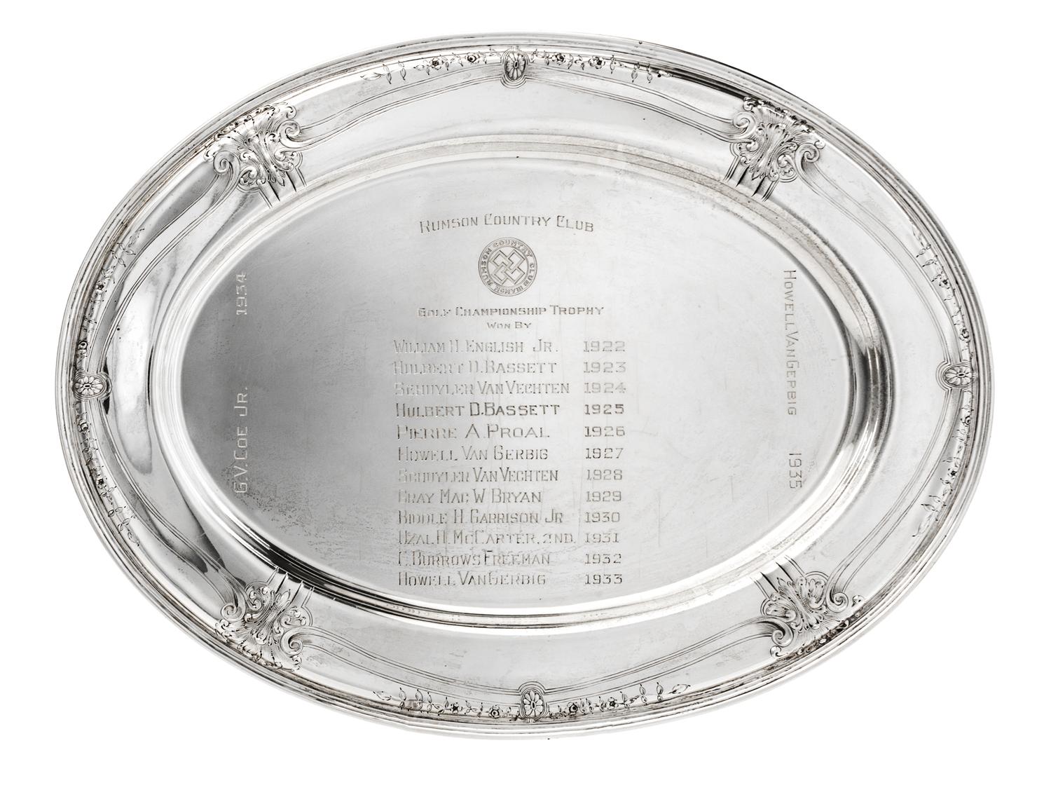 An American Silver Presentation Tray, Barbour Silver Co., Hartford, CT, of oval form, chased with foliate decoration at intervals aroun