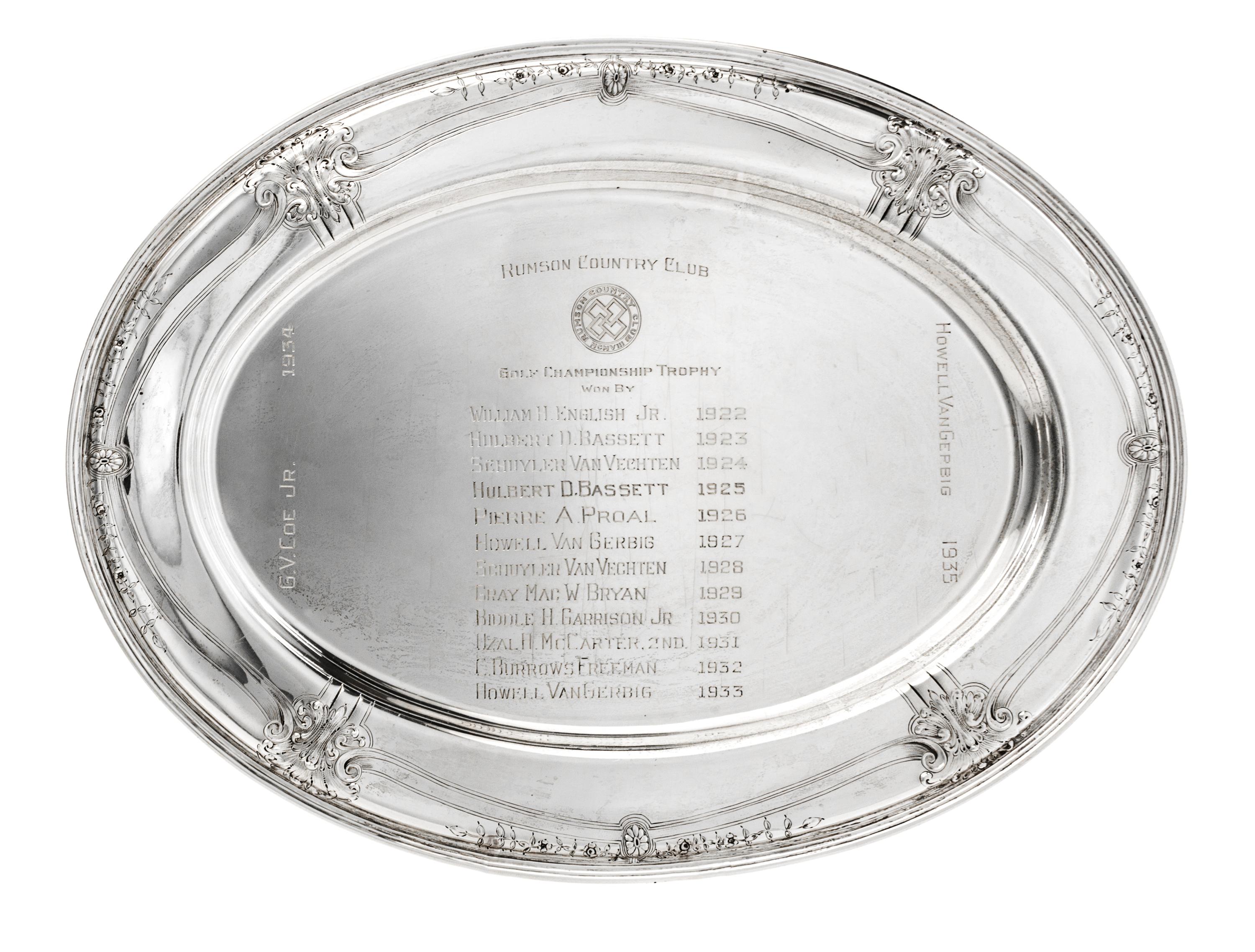 An American Silver Presentation Tray, Barbour Silver Co., Hartford, CT, of oval form, chased with foliate decoration at intervals aroun