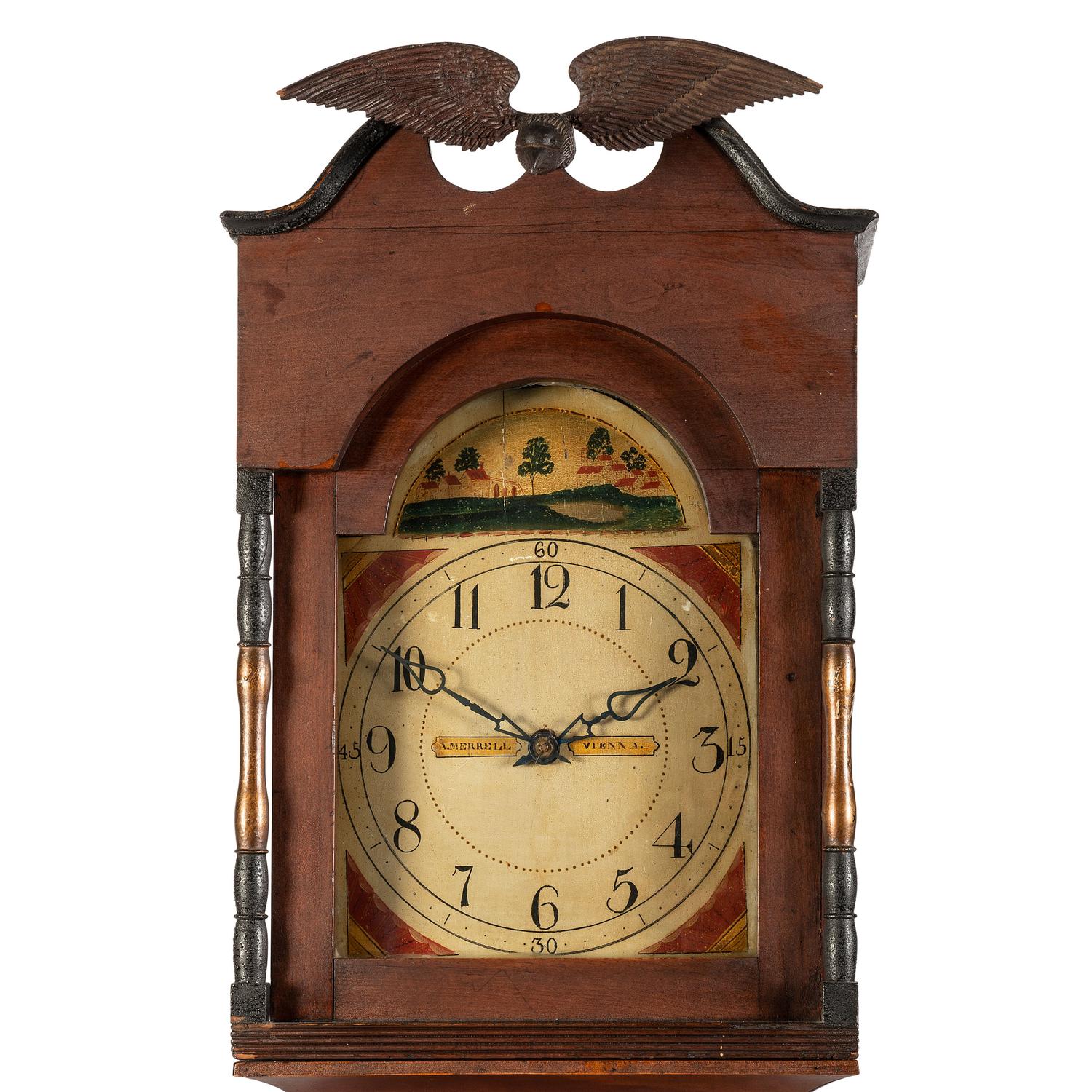 An Ohio Red-Painted Case Clock with Folk Art Eagle Finial