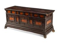 A Continental Walnut and Penwork Coffer