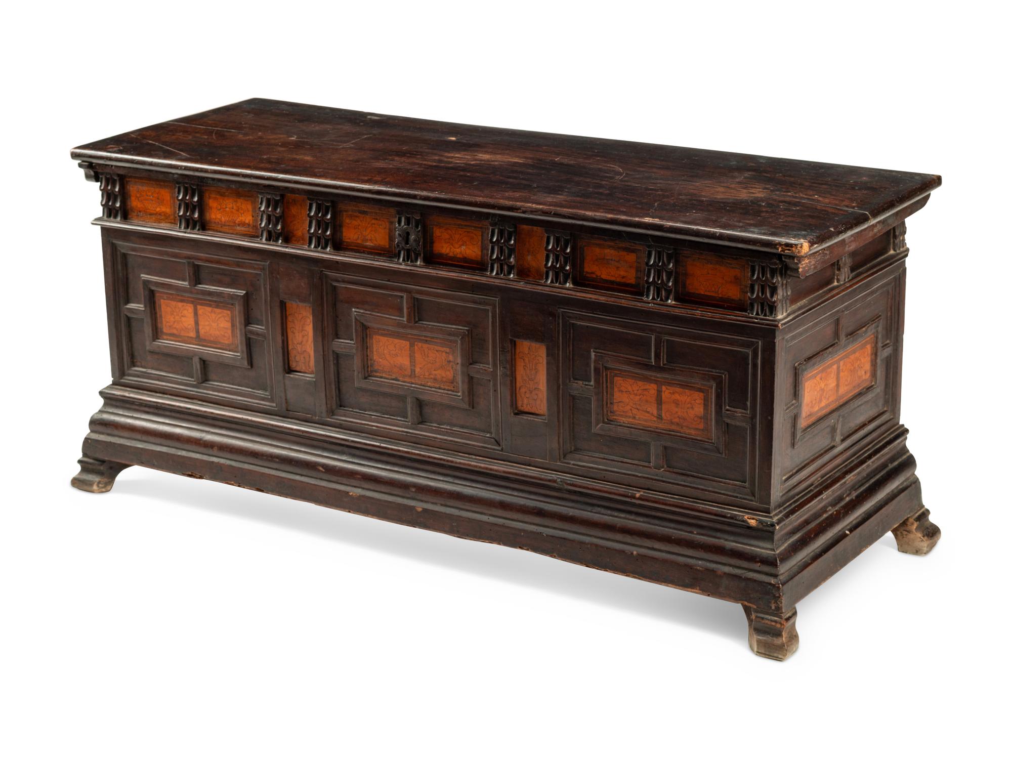 A Continental Walnut and Penwork Coffer