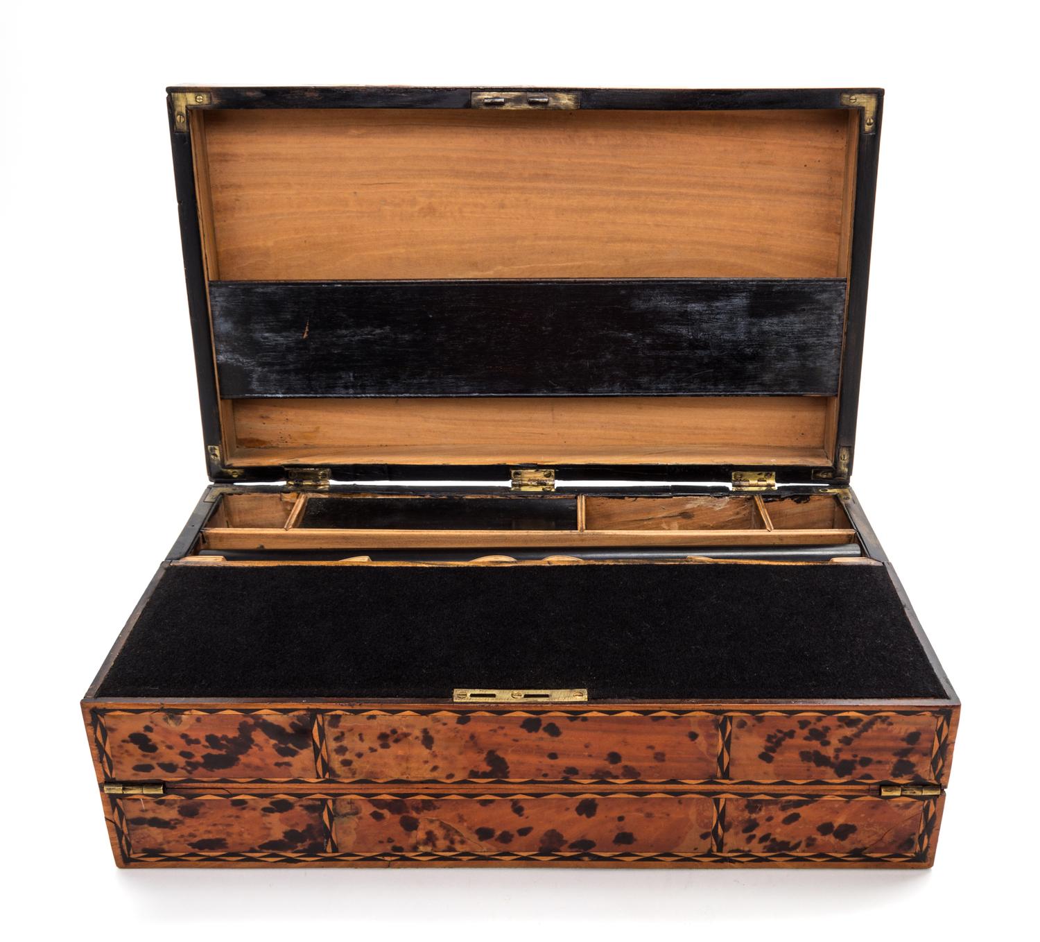 A Tortoise Shell and Parquetry Decorated Writing Slope Height 5 x width 14 3/4 x depth 8 3/4 inches.