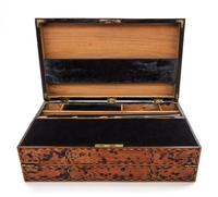 A Tortoise Shell and Parquetry Decorated Writing Slope Height 5 x width 14 3/4 x depth 8 3/4 inches.