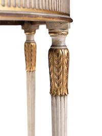 A Pair of George III Style Painted and Parcel Gilt Satinwood and Marquetry Demilune Console Tables