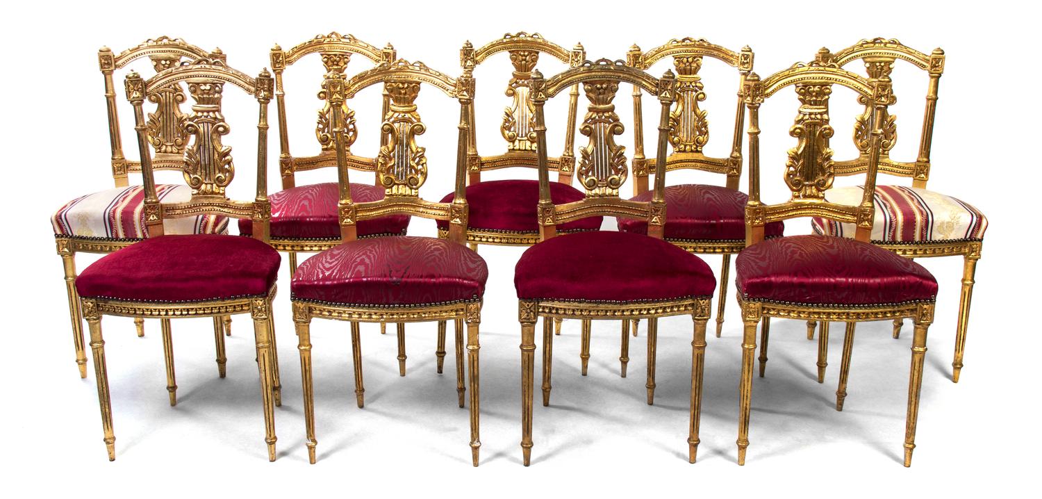 A Set of Nine Neoclassical Giltwood Side Chairs, Height 34 1/2 inches.