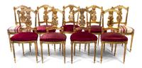 A Set of Nine Neoclassical Giltwood Side Chairs, Height 34 1/2 inches.