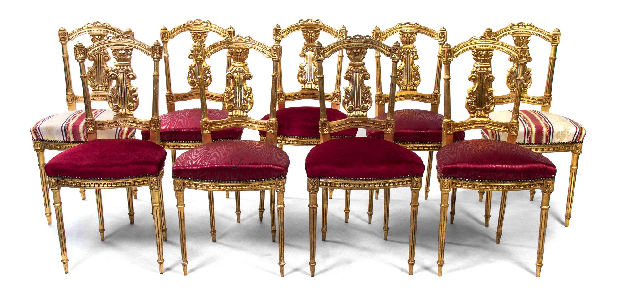 A Set of Nine Neoclassical Giltwood Side Chairs, Height 34 1/2 inches.