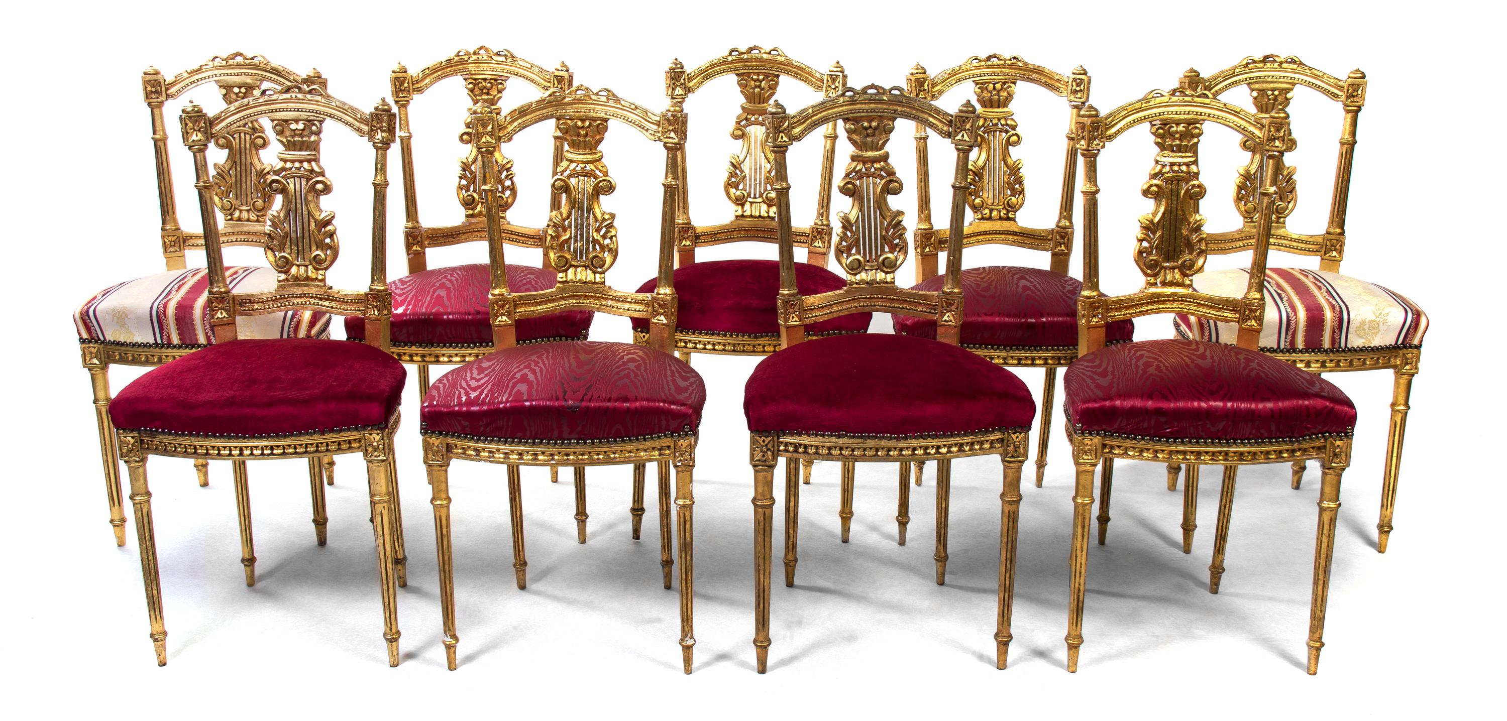 A Set of Nine Neoclassical Giltwood Side Chairs, Height 34 1/2 inches.