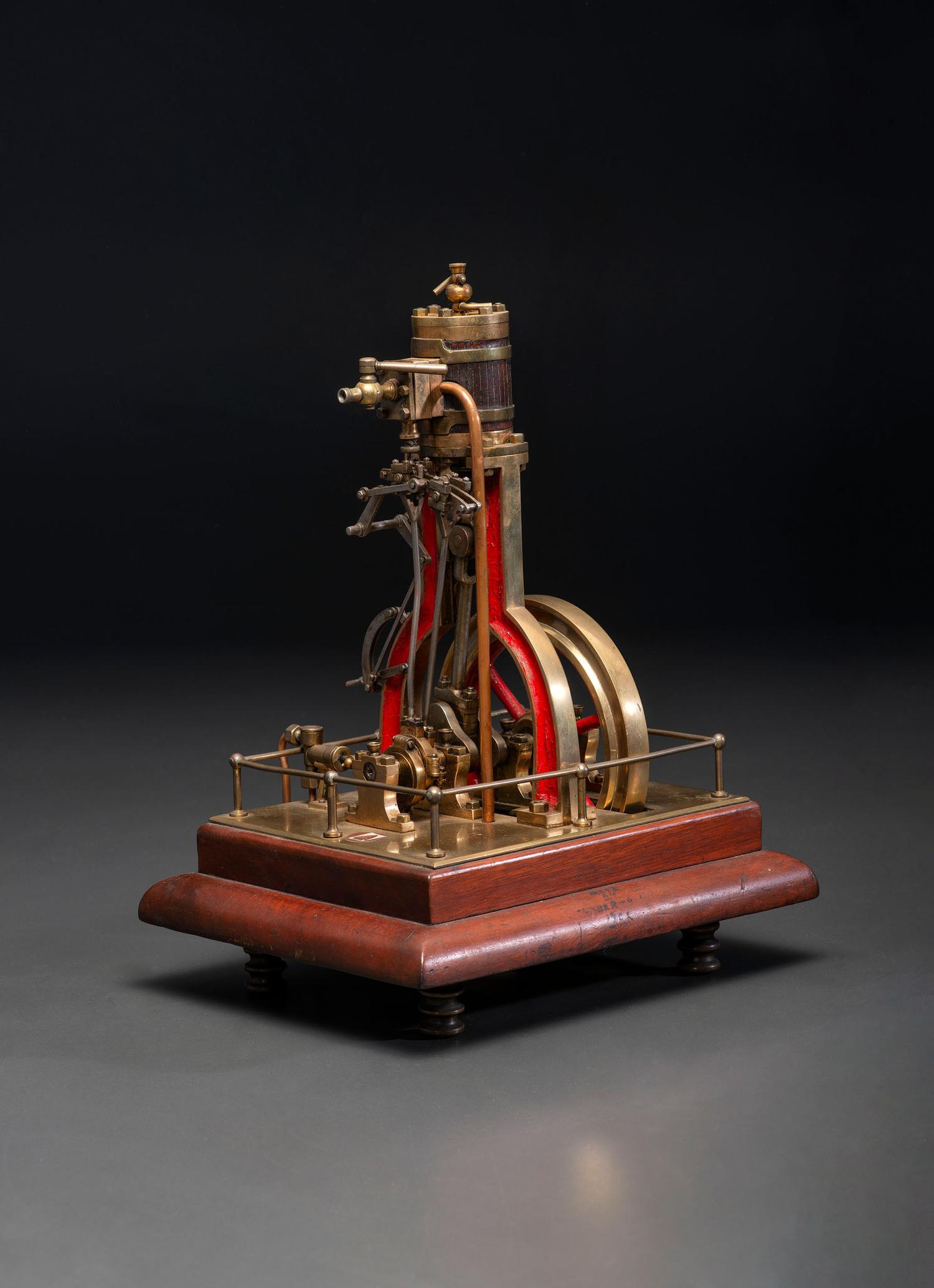 A Brass and Wood Vertical Steam Engine Model