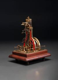 A Brass and Wood Vertical Steam Engine Model