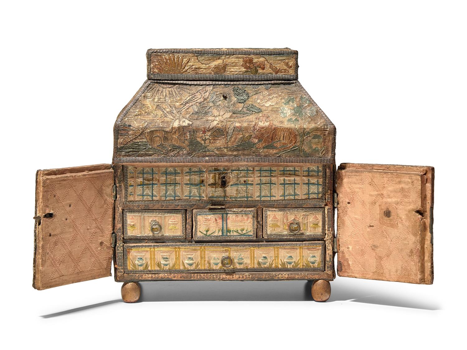 A Charles II Embroidered Tabletop Sewing Casket, 17th Century