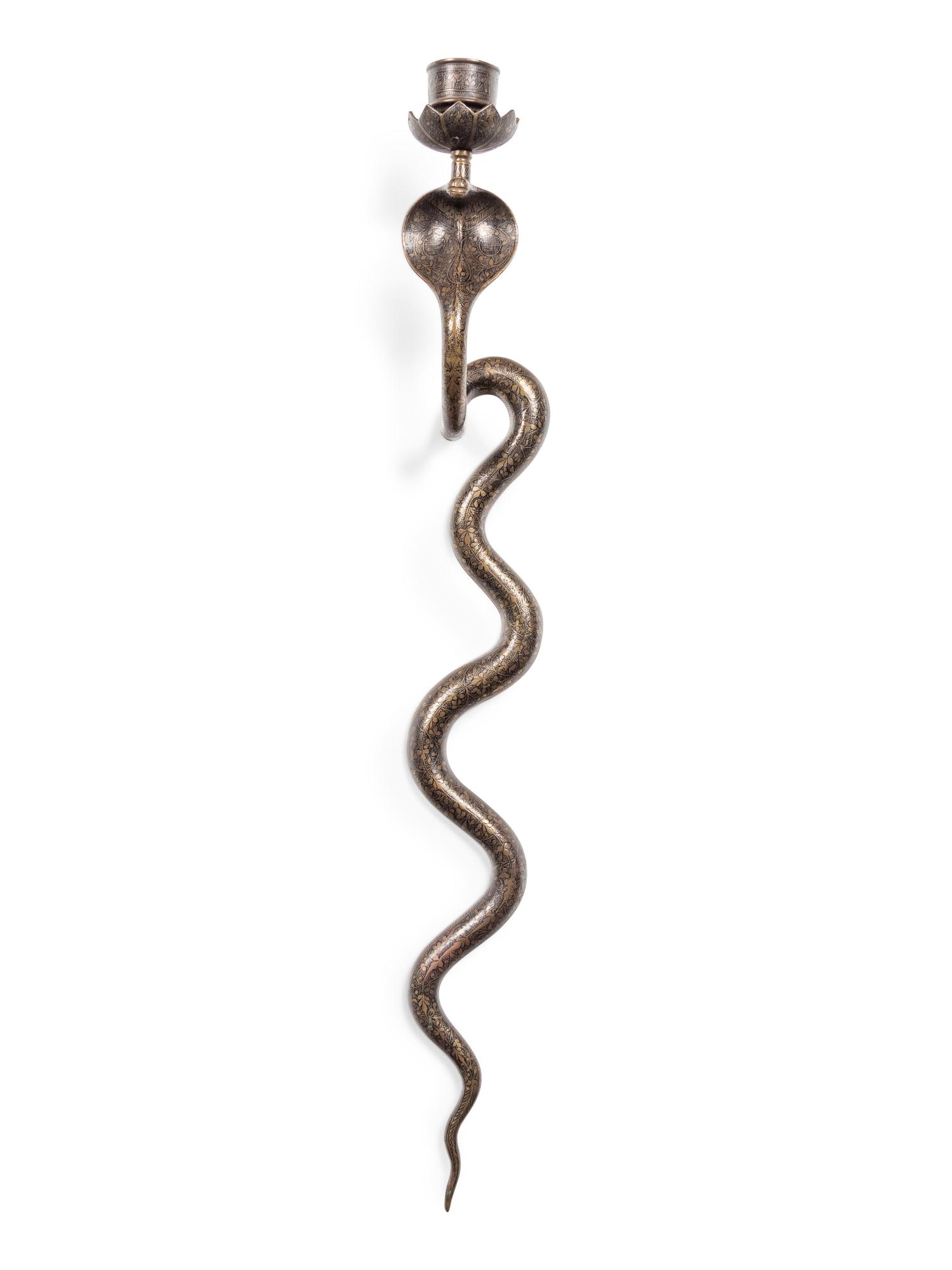 A Pair of Brass Cobra Single-Light Sconces and a Bronze Single-Light Cobra Sconce