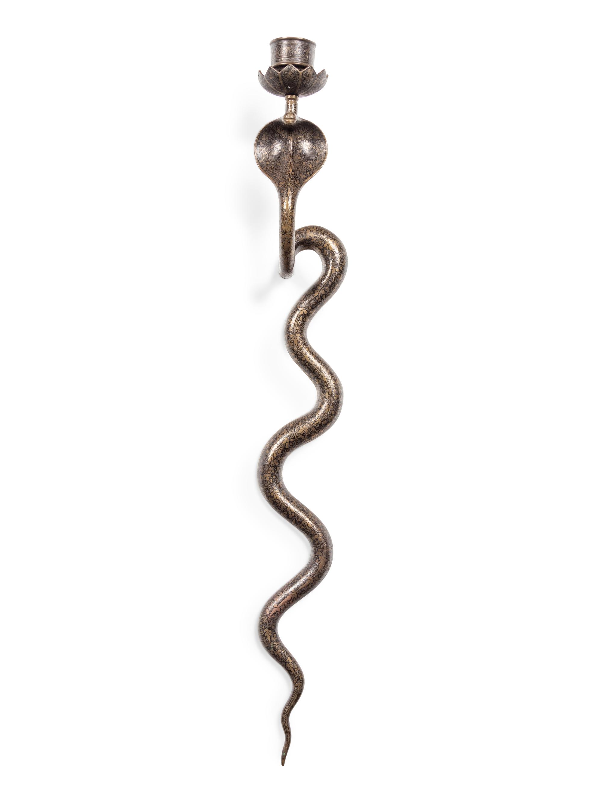 A Pair of Brass Cobra Single-Light Sconces and a Bronze Single-Light Cobra Sconce