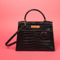 Hermès, Kelly 28 in Shiny Noir Alligator with Strap