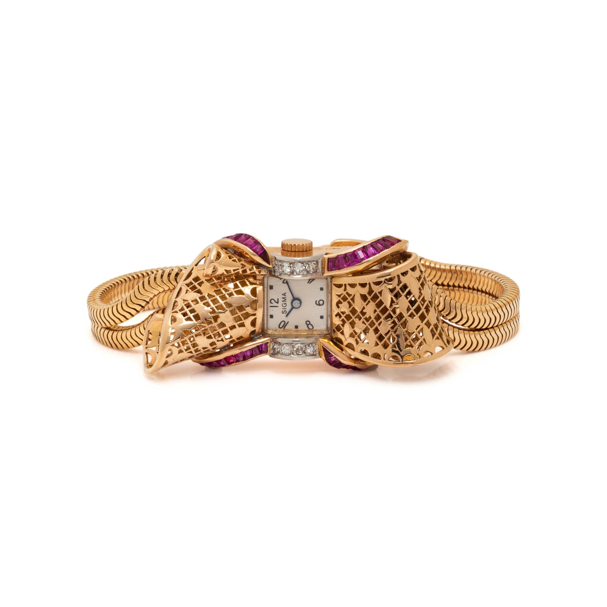 FRENCH, RETRO, YELLOW GOLD, RUBY, AND DIAMOND WATCH