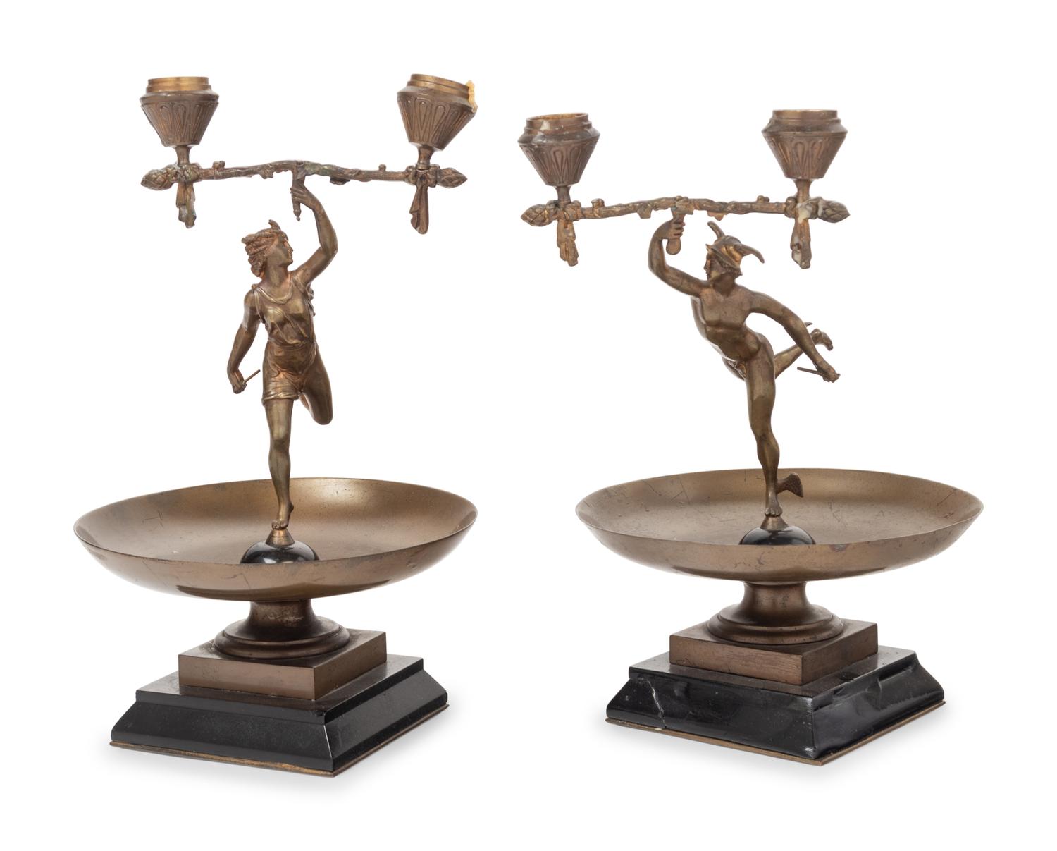 A Pair of French Cast Metal Figural Two-Light Candelabra