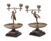 A Pair of French Cast Metal Figural Two-Light Candelabra