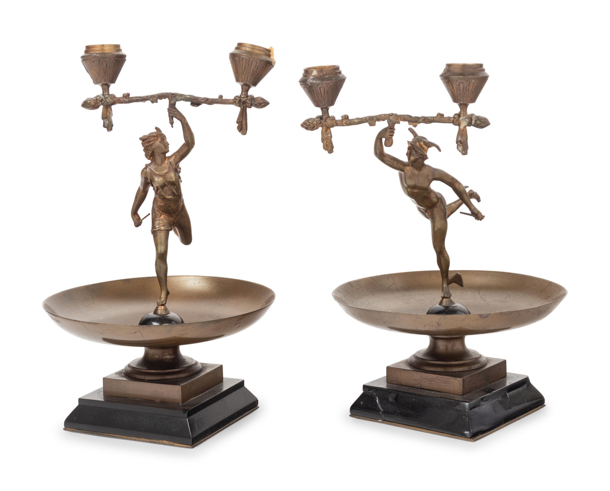A Pair of French Cast Metal Figural Two-Light Candelabra