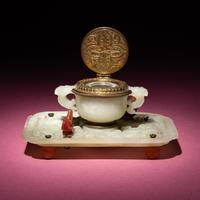 A Chinese Carved Pale Celadon Jade Cup and Stand Mounted as an Inkwell, 19th-20th Century — 晚清-民國 青白玉刻龍紋杯碟改墨水瓶
