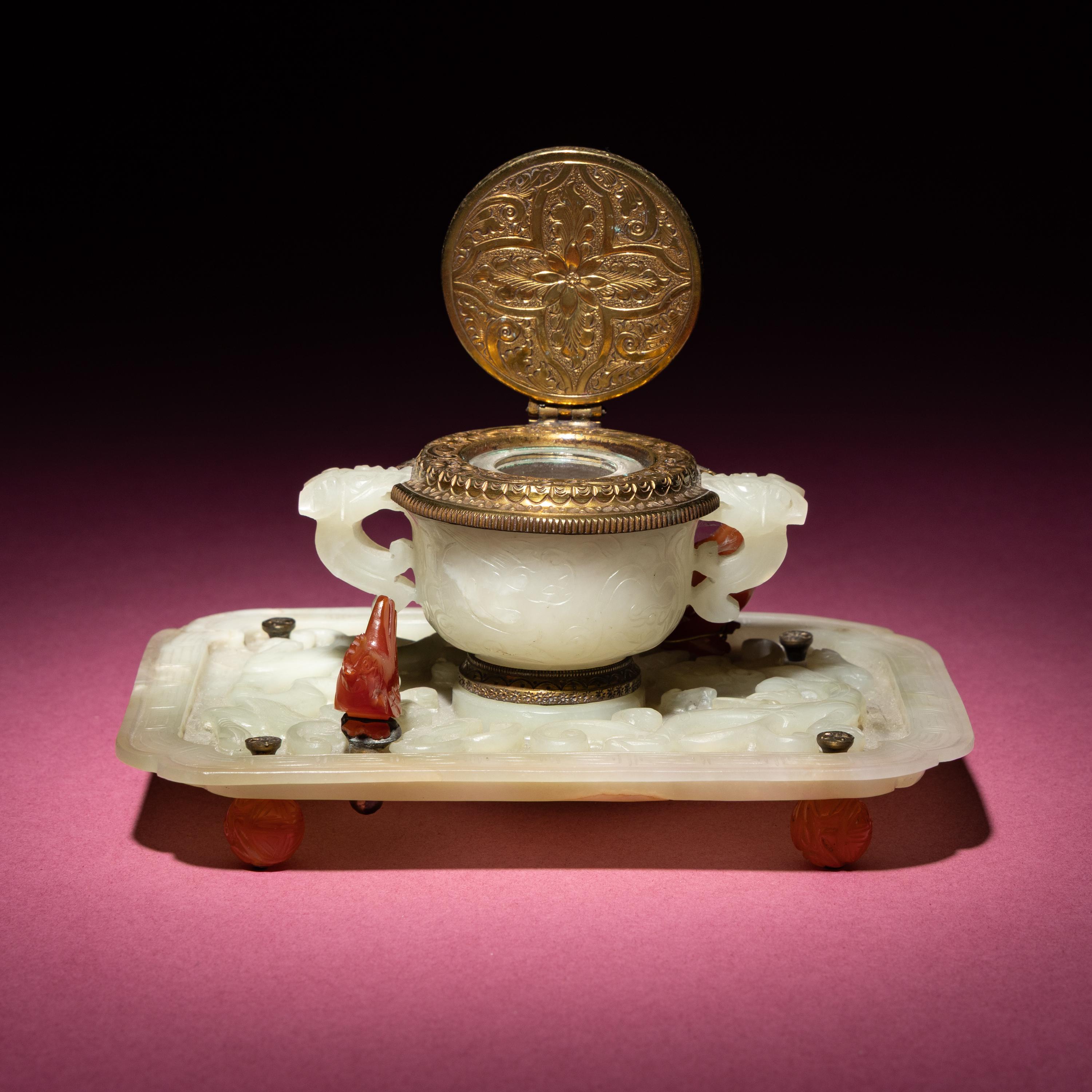 A Chinese Carved Pale Celadon Jade Cup and Stand Mounted as an Inkwell, 19th-20th Century — 晚清-民國 青白玉刻龍紋杯碟改墨水瓶