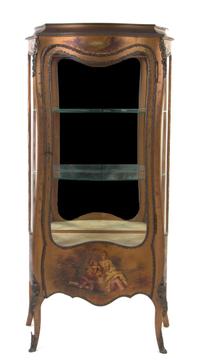 A Louis XV Style Vernis Martin Vitrine, Height 68 3/4 x width 33 3/4 x depth 16 inches.