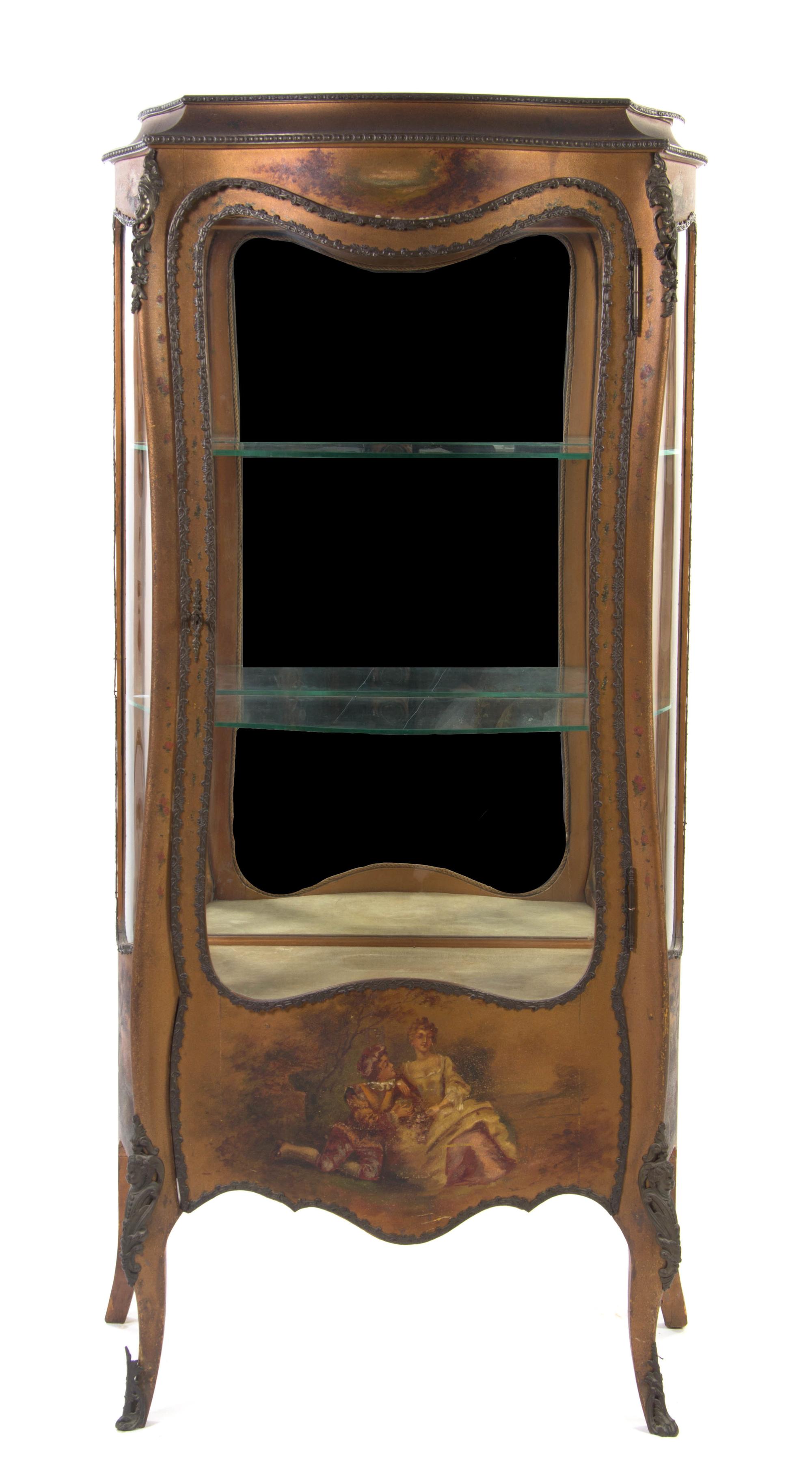 A Louis XV Style Vernis Martin Vitrine, Height 68 3/4 x width 33 3/4 x depth 16 inches.