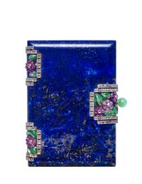 A French Lapis, Jade, Amethyst and Diamond Compact, Van Cleef & Arpels, Paris, 20th Century, of rectangular form having floral decorati