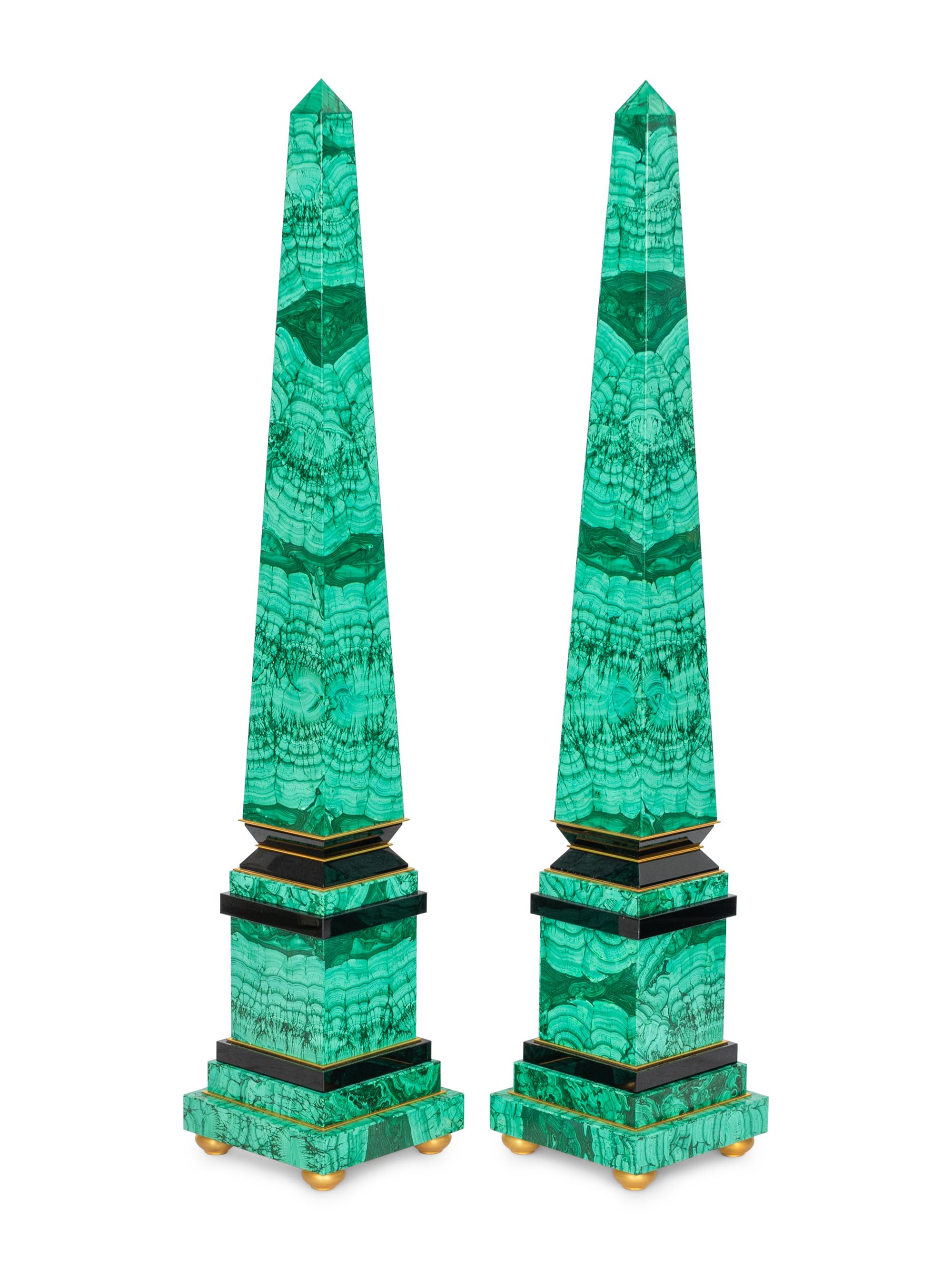 A Pair of Monumental Malachite Obelisks
