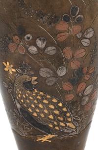 A Pair of Copper, Silver and Gold Inlaid Bronze Vases