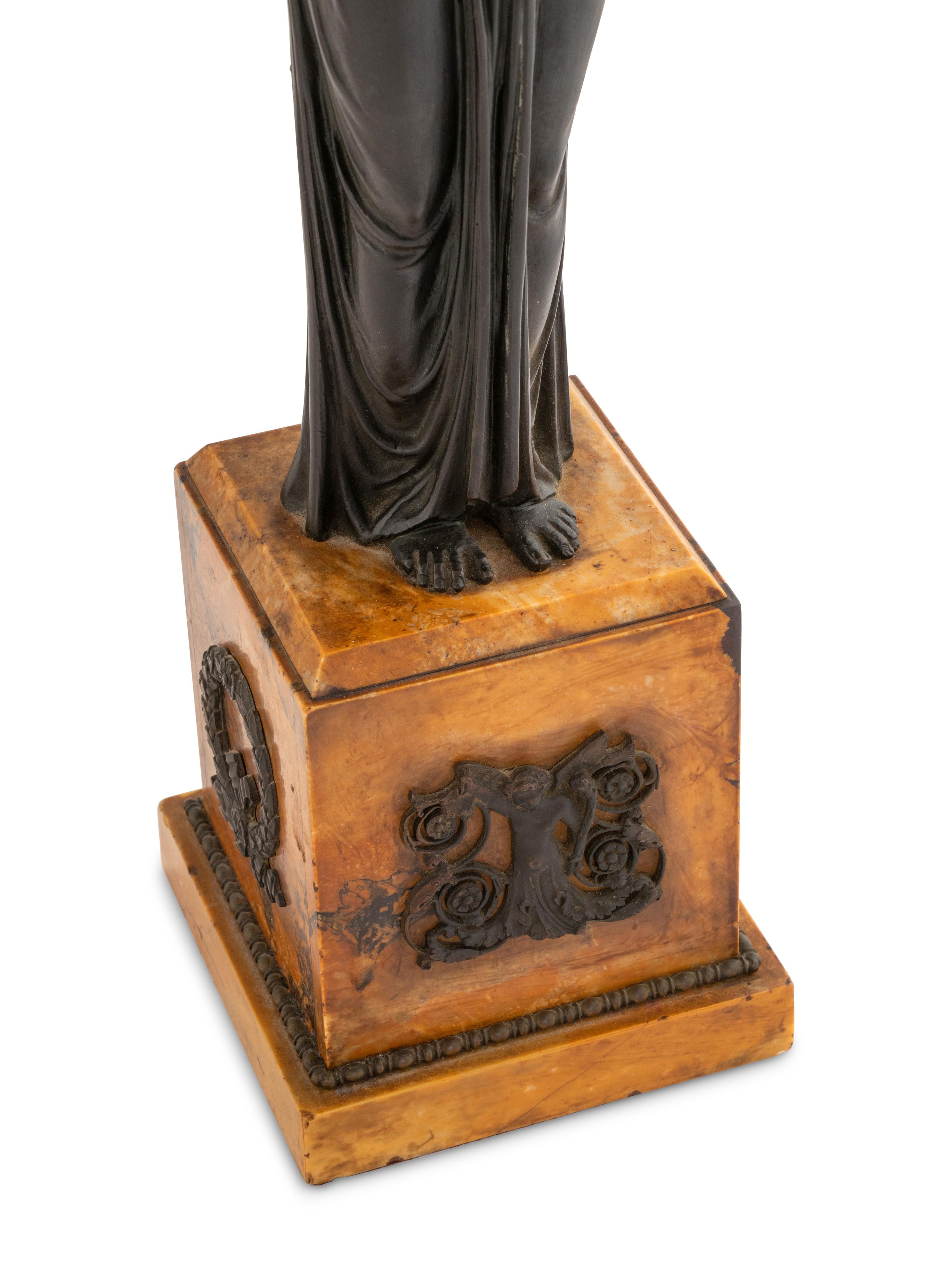 A Pair of Empire Patinated Bronze and Marble Table Lamps