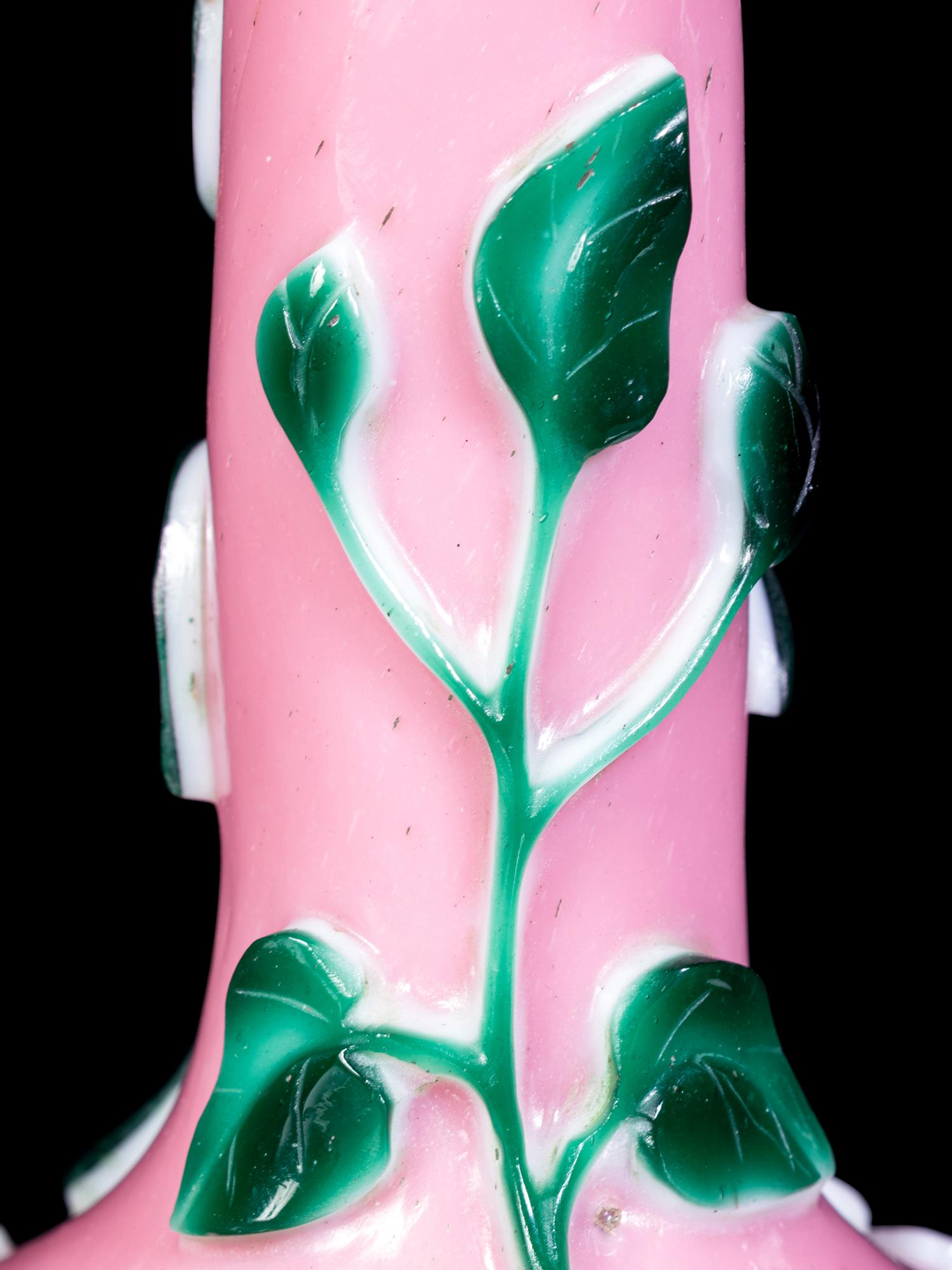Two Chinese Pink, Green and White Glass Bottle Vases