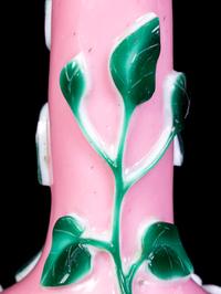 Two Chinese Pink, Green and White Glass Bottle Vases