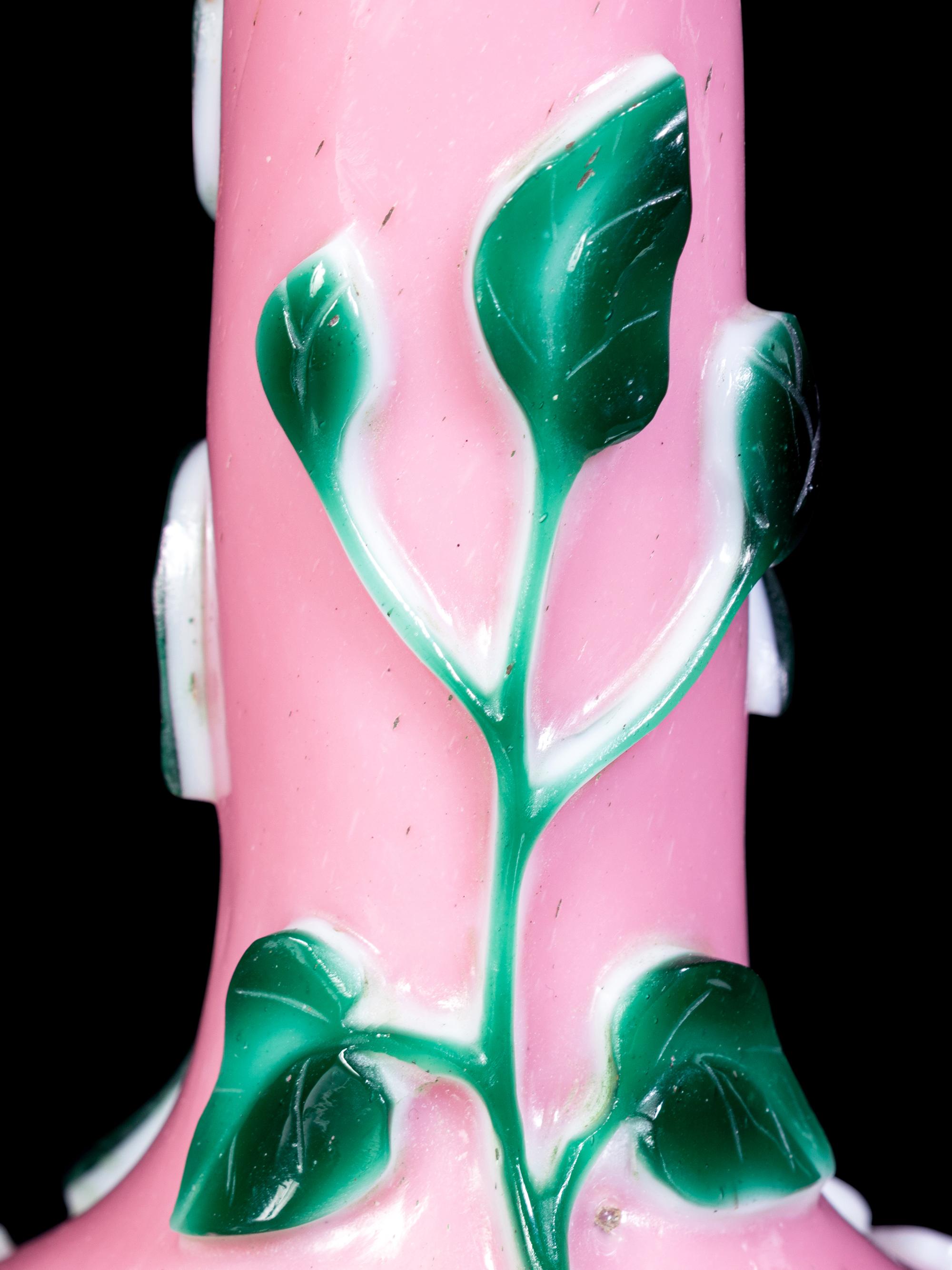 Two Chinese Pink, Green and White Glass Bottle Vases