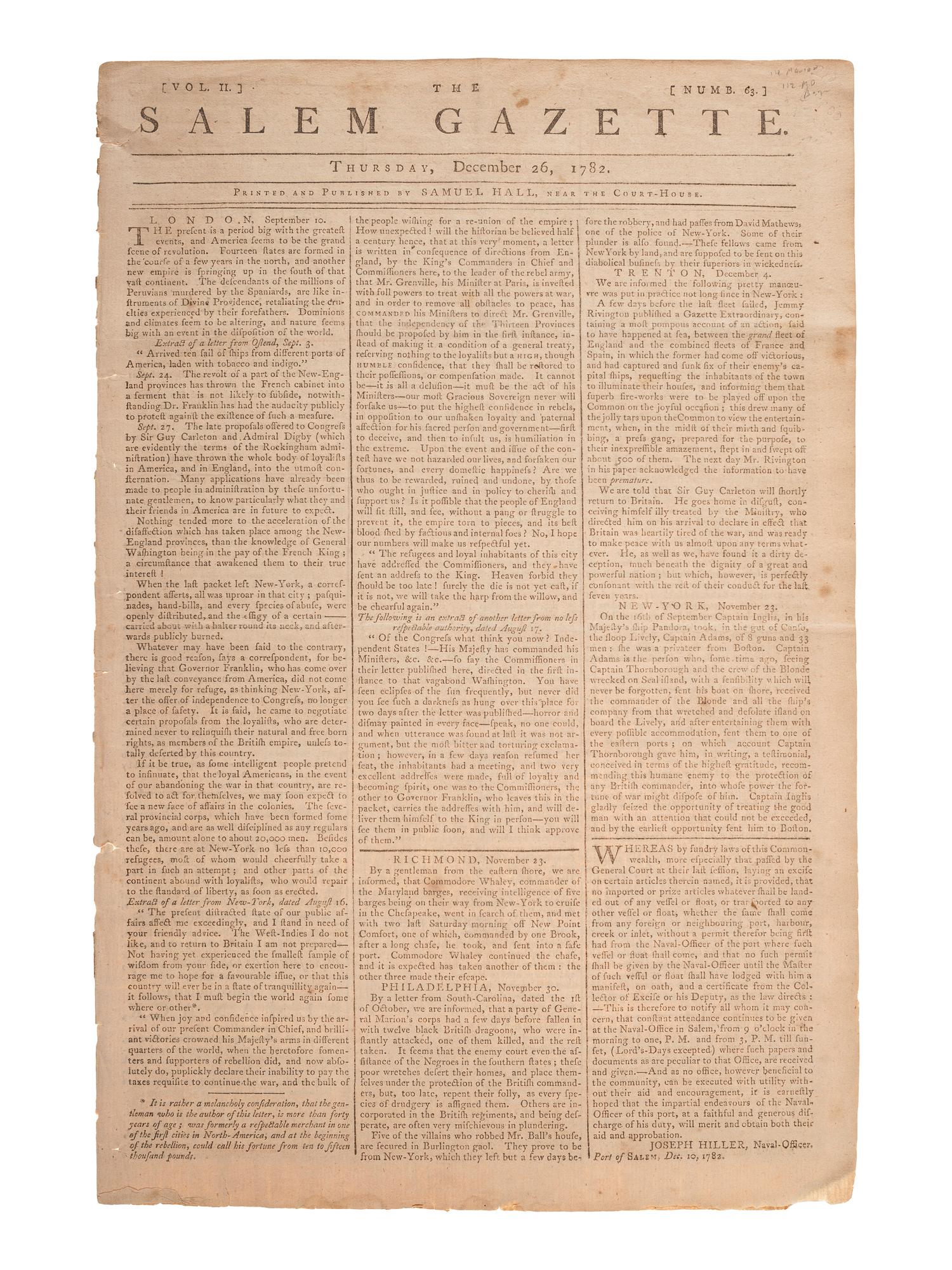 [REVOLUTIONARY WAR]. The Salem Gazette . Vol. II, No. 63. Salem, MA: Samuel Hall, 26 December 1782.