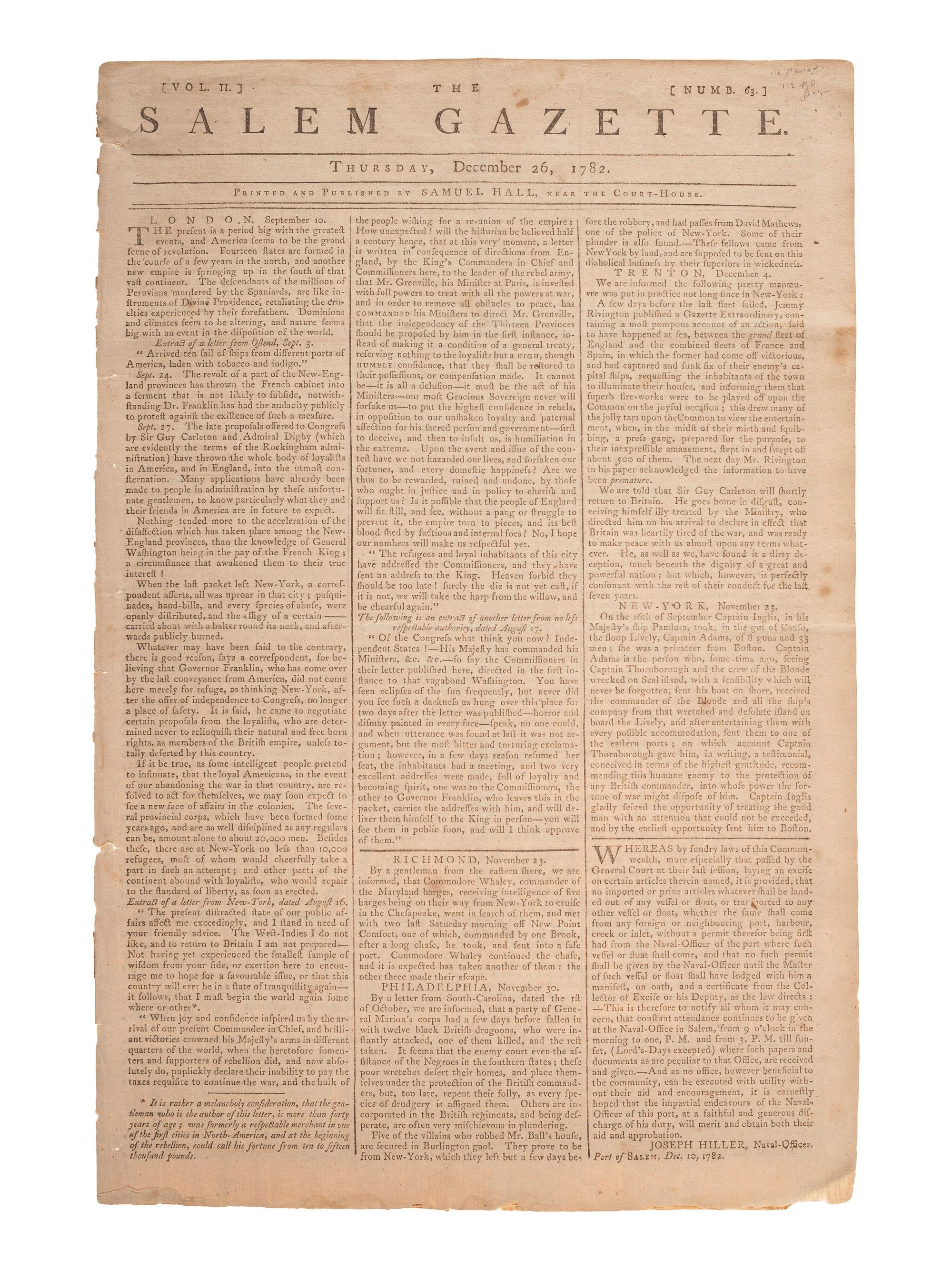 [REVOLUTIONARY WAR]. The Salem Gazette . Vol. II, No. 63. Salem, MA: Samuel Hall, 26 December 1782.