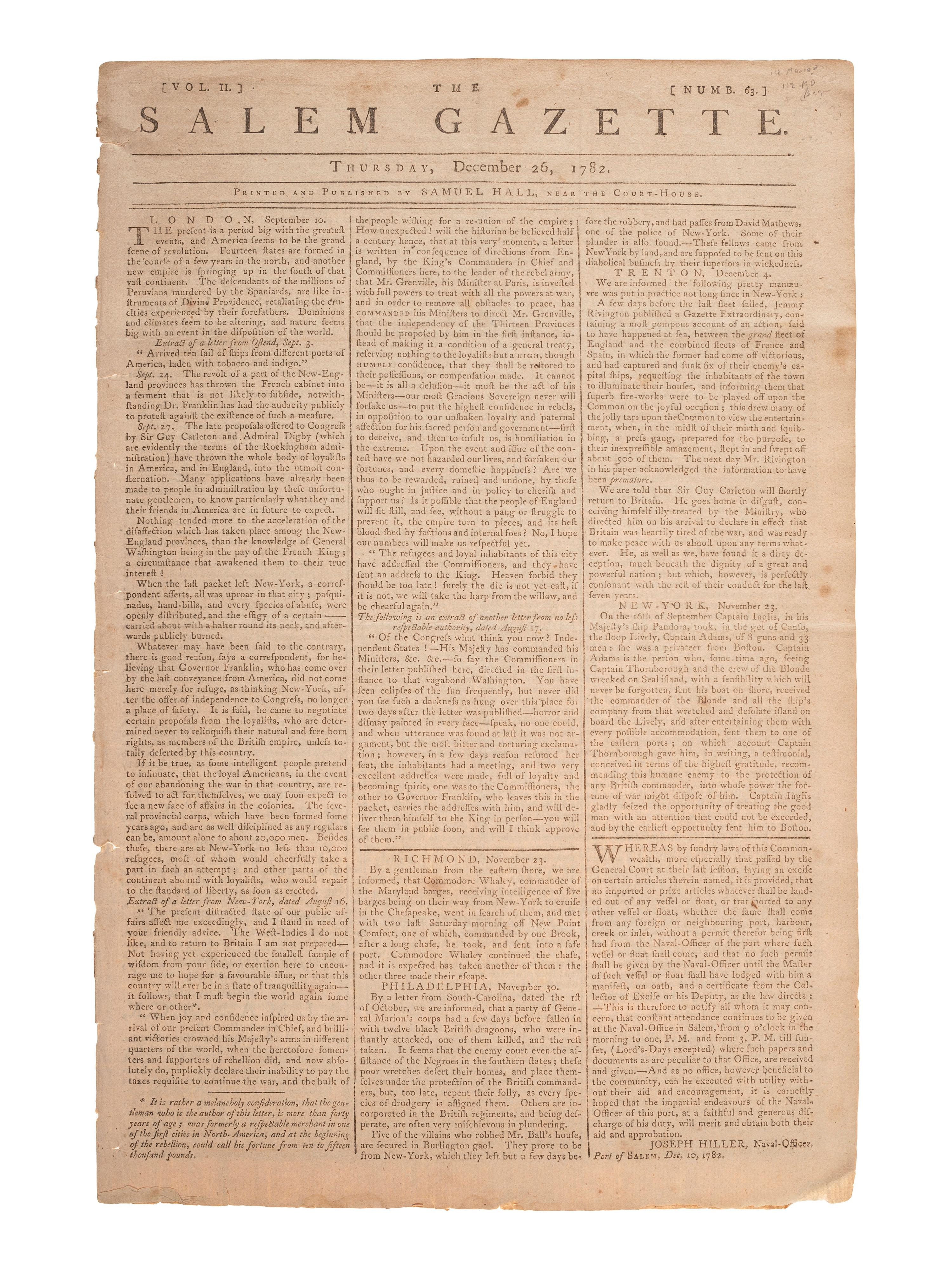 [REVOLUTIONARY WAR]. The Salem Gazette . Vol. II, No. 63. Salem, MA: Samuel Hall, 26 December 1782.