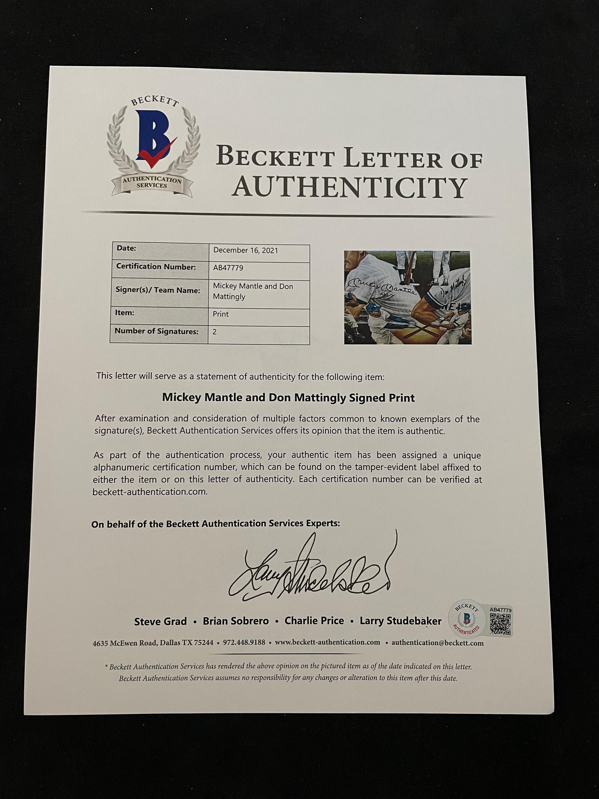 A Mickey Mantle and Don Mattingly Yankee Tradition Poster Signed Autograph Sports Impressions Poster (Beckett Authentication Services Letter BAS Certified),